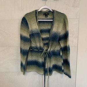blue and green stripe tie dye cardigan with a draw string at the waist